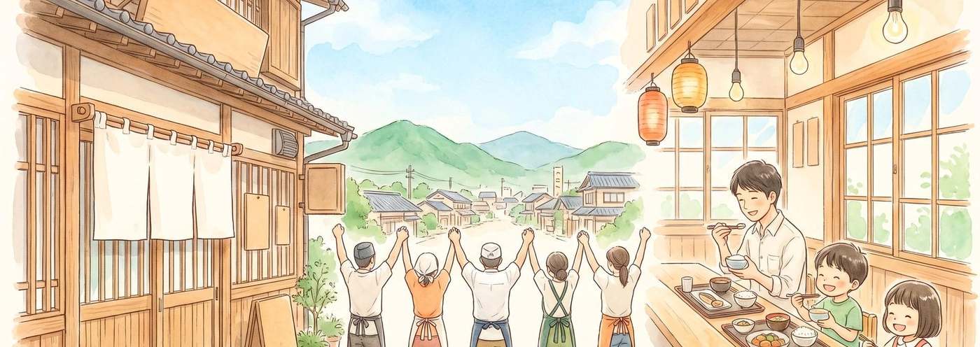 のどかな地方の街並みと、地域のお客様でにぎわう定食屋の店内を描いたイラスト